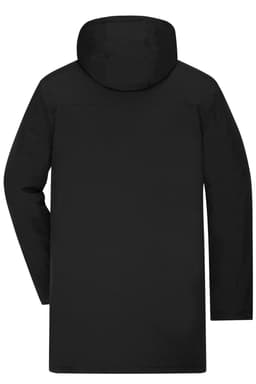 A black men's business parka featuring a hood and long sleeves, with a plain back design and a logo on the fabric.