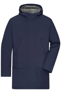 A navy men's business parka featuring a hood and two front pockets, with a light grey inner lining.