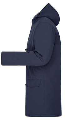 A navy men's business parka with a hood and side pockets, featuring a logo on the front.