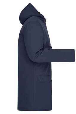 A navy blue men's business parka with a hood and side pockets, featuring a logo.