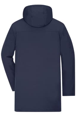A navy blue men's business parka jacket with a hood, featuring a simple design and a logo.