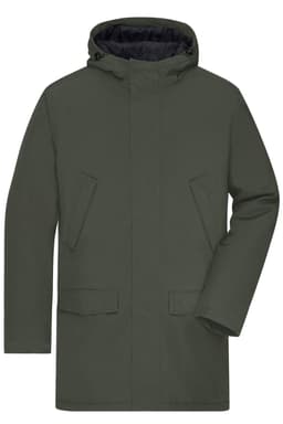 A men's business parka in dark green, featuring a hood and side pockets. Includes a logo on the sleeve.