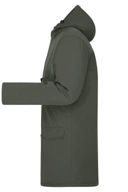 A men's business parka in olive green with a hood and side pockets. It features a logo on the front.