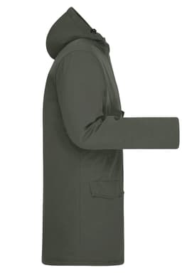 A green men's business parka featuring a hood and a side view design, with pockets and a logo.