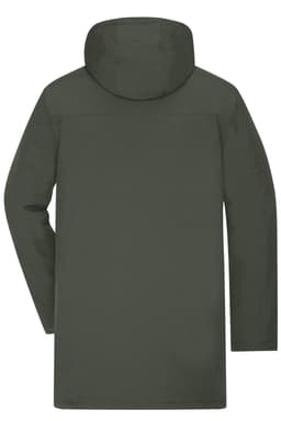 A men's business parka in olive green with a hood and long sleeves, featuring a logo on the back.