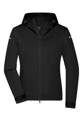 A black ladies' all-weather jacket with a hood, featuring zippered pockets and a logo.