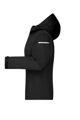 A black ladies' all-weather jacket with a hood, featuring a logo and a reflective strip on the sleeve.