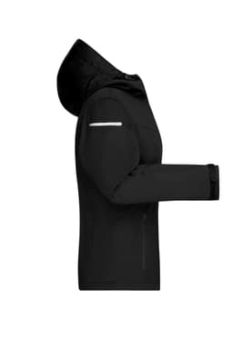 A black ladies' all-weather jacket with a hood, featuring a reflective stripe and a zippered pocket.