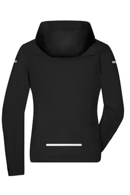 A black ladies all-weather jacket with a hood and reflective detailing on the sleeves and back.