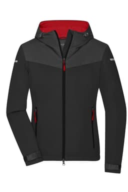 A black all-weather jacket with a red hood and accents, featuring zipped pockets and a logo.