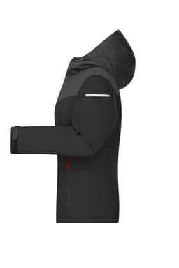 A black all-weather jacket with a hood and reflective detailing, featuring a logo on the arm.