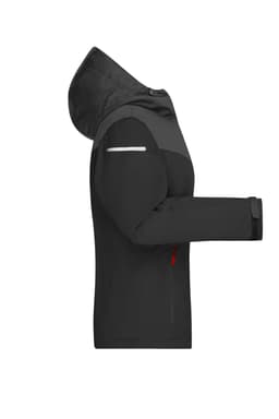 A black and grey ladies' all-weather jacket featuring a hood and a zippered pocket, with a branding logo visible.