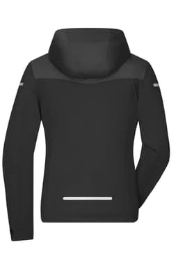 A black ladies' all-weather rain jacket featuring a hood and reflective details, with a logo on the back.