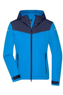 A blue and navy ladies all-weather jacket with a hood, featuring a zip closure and logo detail.