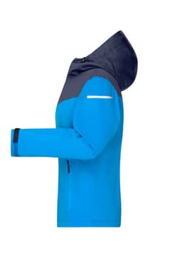 A blue all-weather jacket with a navy hood and reflective detailing, featuring a side view and a logo.