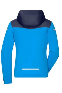 A blue ladies' all-weather jacket with a navy hood and reflective details on the sleeves and back.