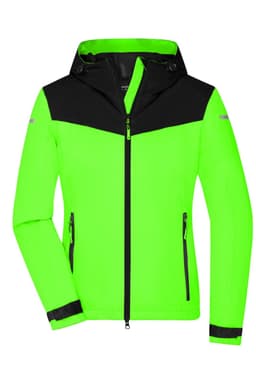 A bright green ladies all-weather jacket with a black upper section and a logo on the sleeve.