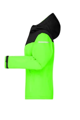 A bright green and black Ladies Allweather Jacket with a hood and zippered front, featuring a logo.