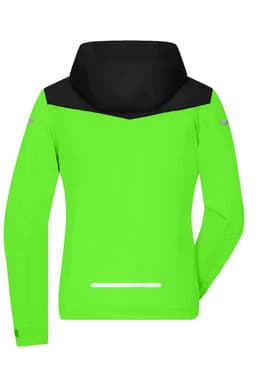 A vibrant green ladies' all-weather jacket featuring a black hood and reflective details on the back.