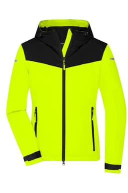 A bright yellow and black allweather jacket featuring a hood, zip-up front, and side pockets. Includes a logo.