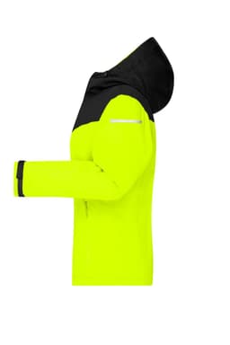 A bright yellow and black ladies allweather jacket with a hood, featuring a logo and reflective detailing.