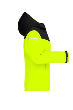 A bright yellow ladies all-weather jacket with a black upper section and a hood, featuring a logo on the sleeve.