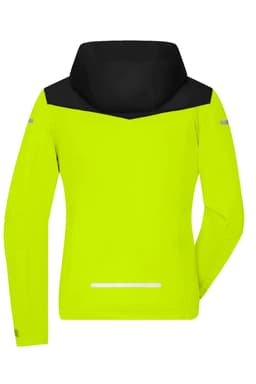 A bright yellow ladies all-weather jacket with a black hood and reflective details on the sleeves.
