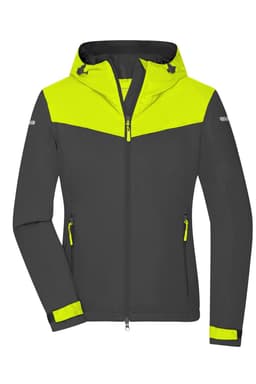 A ladies' all-weather jacket in dark grey with bright yellow accents and a hood, featuring zipped pockets and a logo.