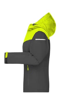 A rain jacket in grey and bright yellow with a hood, featuring a logo and reflective detailing on the sleeves.