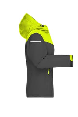 A grey and neon yellow ladies' all-weather jacket with a hood and reflective accents, featuring zip pockets.