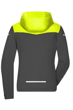 A women's all-weather jacket in dark grey with a bright yellow hood and accents, featuring reflective details.