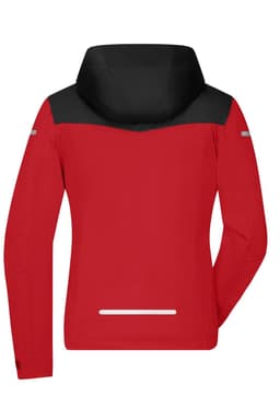 A red ladies all-weather jacket with a black hood and reflective detailing at the back. It features a logo.