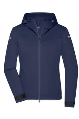 A navy blue ladies all-weather jacket featuring a hood, zippered pockets, and a logo.