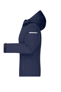 A navy all-weather jacket featuring a hood, zippered pockets, and a logo on the sleeve.