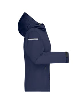 A navy blue ladies all-weather jacket with a hood, featuring a reflective stripe and zippered pockets.