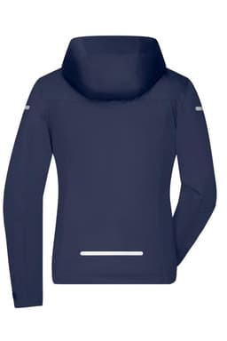 A navy ladies all-weather jacket with a hood, featuring reflective strips and a sleek design on the back.