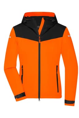 An orange and black ladies all-weather jacket with a zip front, hood, and pockets, featuring a logo.