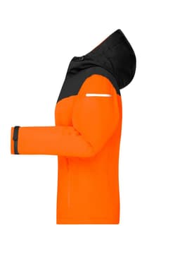 An orange and black ladies all-weather rain jacket with a hood and a logo.
