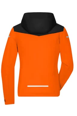 A vibrant orange ladies all-weather jacket with a black hood and reflective detailing. Features a logo on the sleeve.