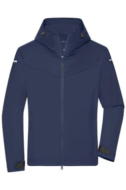 A navy blue men's all-weather jacket with a hood, featuring zippered pockets and a logo on the chest.