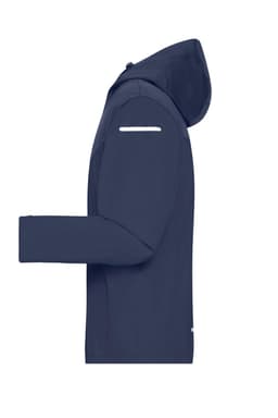 A navy blue men's all-weather jacket with a hood and a logo on the sleeve. Suitable for rain protection.