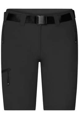A pair of black ladies trekking shorts with a belt and zippered pockets, featuring a logo.