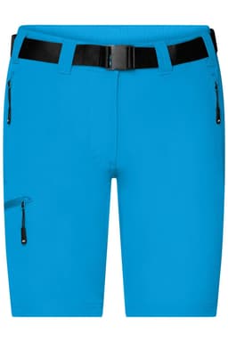 Bright blue ladies trekking shorts featuring a belt, with side zippers and a sleek design.