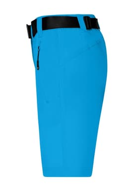 Bright blue ladies trekking shorts featuring a black belt and a side zip pocket.