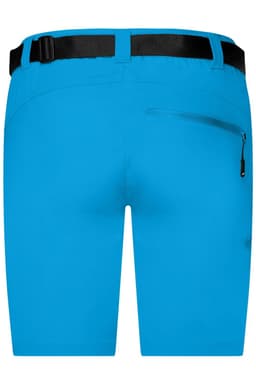 Bright blue ladies trekking shorts with a back pocket and a black belt. Features a logo on the design.