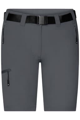 Dark grey ladies trekking shorts featuring a belt and zippered pockets, with a branding logo present.