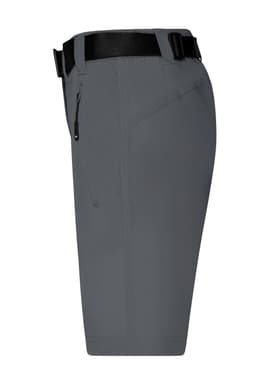 A pair of ladies' trekking shorts in grey, featuring a belt and zippered pocket, with a logo on the waistband.