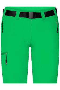 Bright green ladies trekking shorts with a black belt and zippered pockets. Features branding on the waistband.