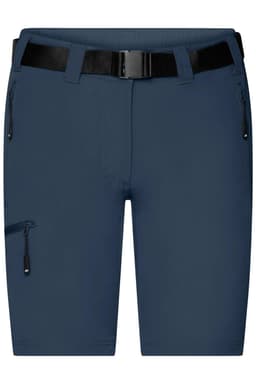 Navy blue ladies' trekking shorts featuring a belt and multiple zippered pockets. Includes branding on the waistband.