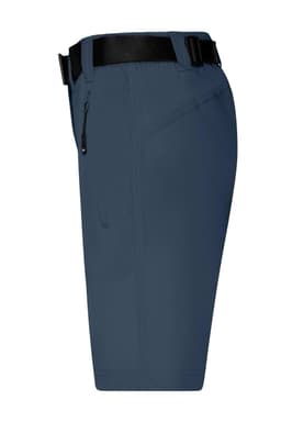 A pair of navy ladies trekking shorts featuring a side pocket and a black belt.